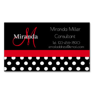Red Monogram Black White Polka Dot Business Card Magnet