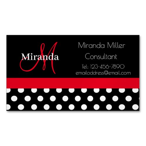 Red Monogram Black White Polka Dot  Business Card Magnet