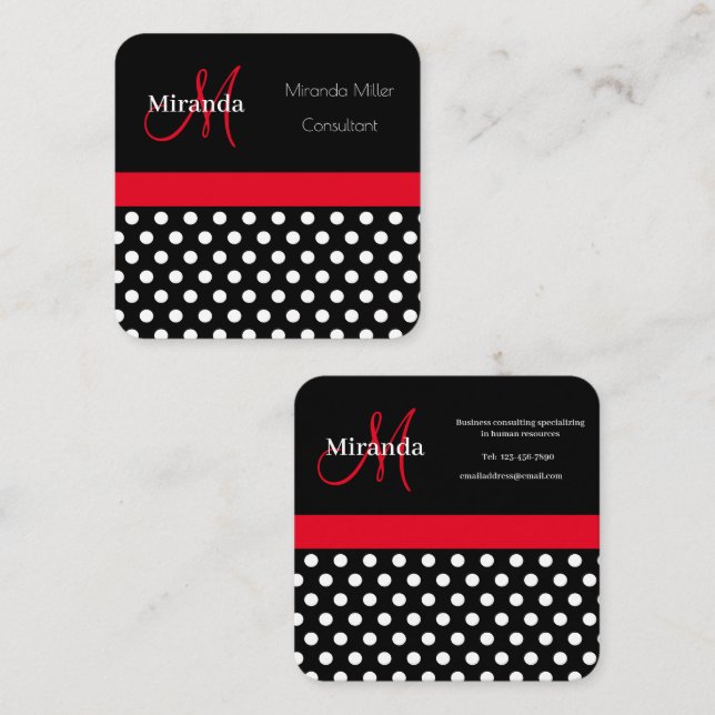 Red Monogram Black White Polka Dot Square Business Card (Front/Back)