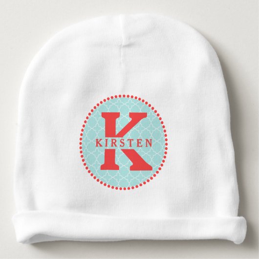 Red Monogram + Blue Quatrefoil Baby Beanie (Front)
