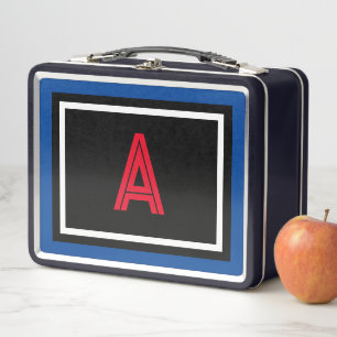 Red Monogram Blue White Polka Dots Metal Lunch Box