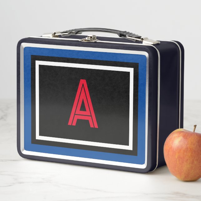 Red Monogram Blue White Polka Dots Metal Lunch Box (In Situ)