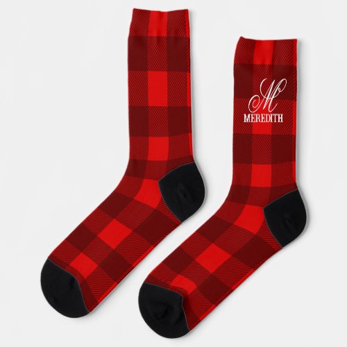 Red Monogram Buffalo Plaid Christmas Socks