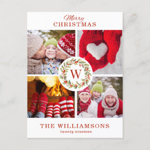 Red Monogram Christmas Berry Wreath 4 Photo Holiday Postcard