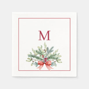 Red Monogram Christmas Holiday Greenery Napkins