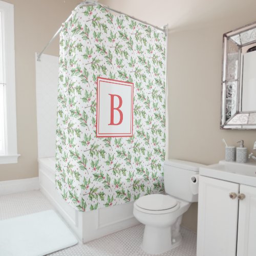 Red Monogram  Christmas Holly Berries Leaves Show Shower Curtain