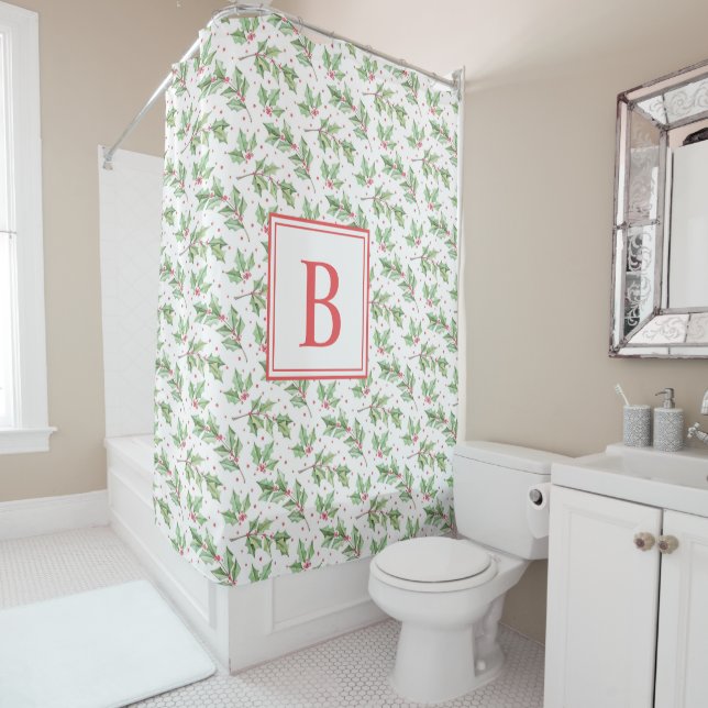 Red Monogram | Christmas Holly Berries Leaves Show Shower Curtain (In Situ)