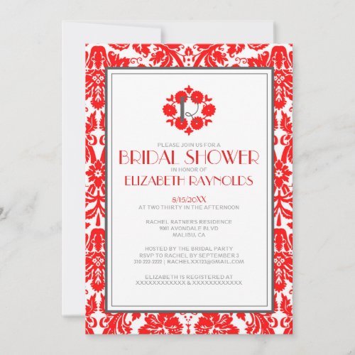Red Monogram Damask Bridal Shower Invitations