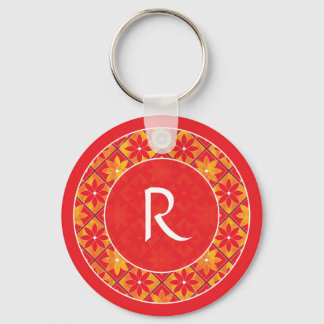 Red Monogram Decorative Floral Tiles Keychain