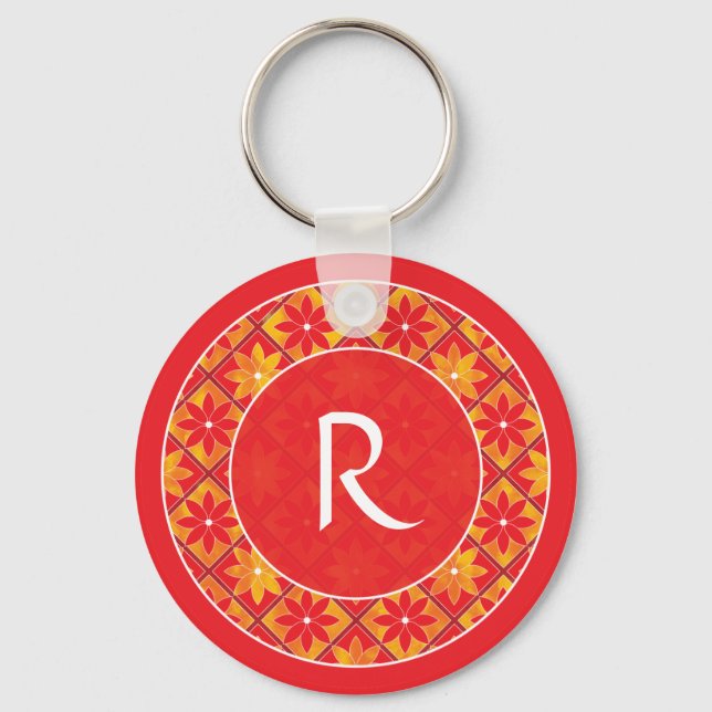 Red Monogram Decorative Floral Tiles Keychain (Front)