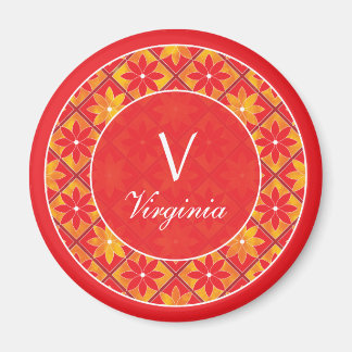 Red Monogram Decorative Floral Tiles Magnet