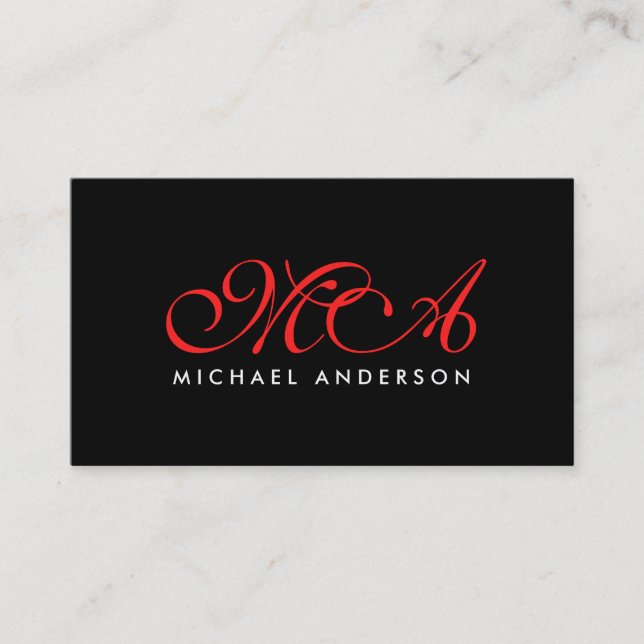 Red Monogram Elegant Script Black Background Business Card (Front)