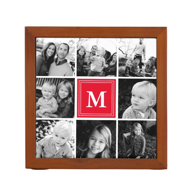 Red Monogram Family Photo Collage Desk Organizer (Front)