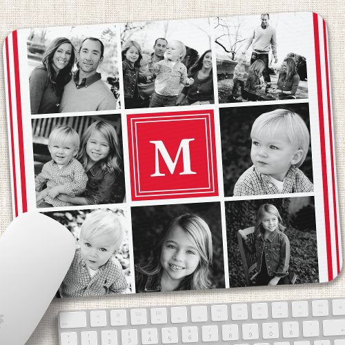 Red Monogram Family Photo Collage Mouse Pad