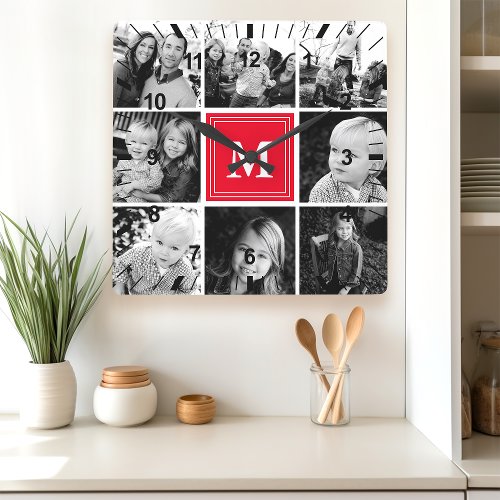 Red Monogram Family Photo Collage Square Wall Clock