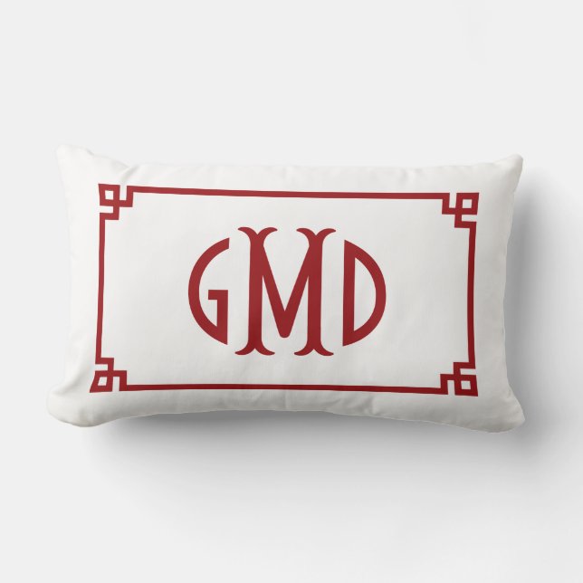 Red Monogram Greek Key Border Lumbar Pillow (Front)