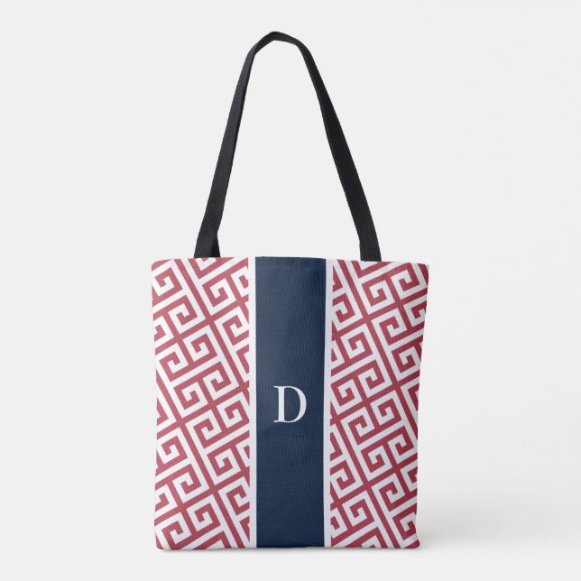 Red Monogram Greek Key  Tote Bag (Back)