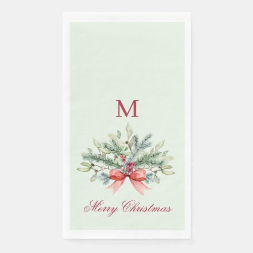 Red Monogram Greenery Merry Christmas Paper Guest Towels