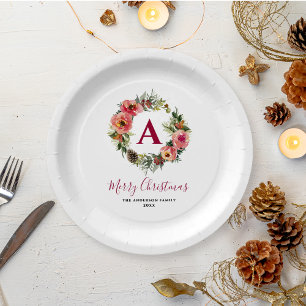 Red Monogram Greenery Pink Wreath Christmas Paper Plates