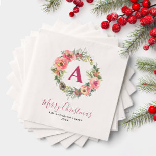 Red Monogram Greenery Pink Wreath Christmas Party Napkins