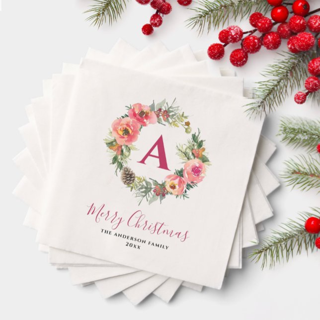 Red Monogram Greenery Pink Wreath Christmas Party Napkins (Creator Uploaded)