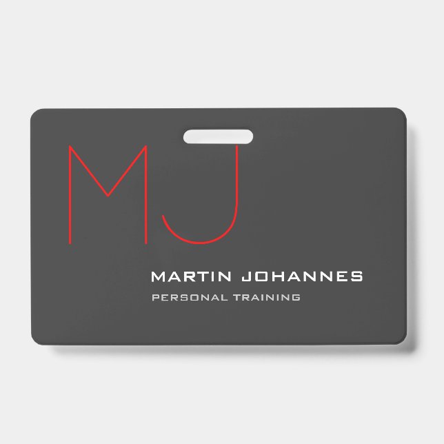 Red Monogram Grey Personal Trainer Business Badge (Front)