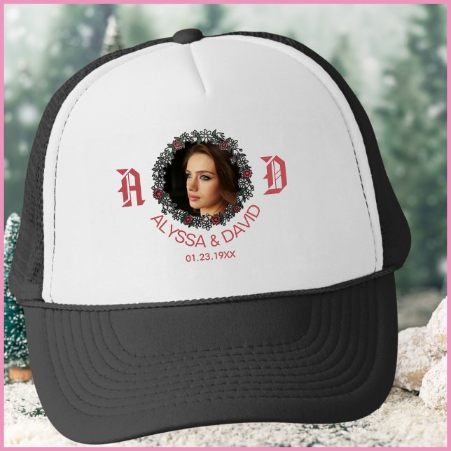 Red Monogram Husbands Photo Wedding Anniversary Trucker Hat (Creator Uploaded)