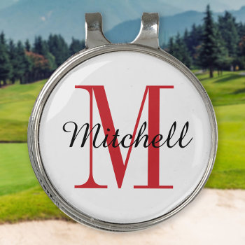 Red Monogram Initial And Name Personalized Golf Hat Clip by jenniferstuartdesign at Zazzle