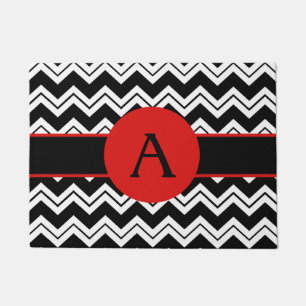 Red Monogram Initial Black White Chevron ZigZag Doormat