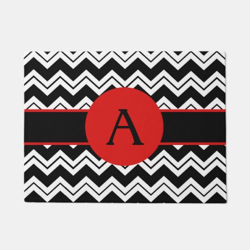 Red Monogram Initial Black White Chevron ZigZag Doormat