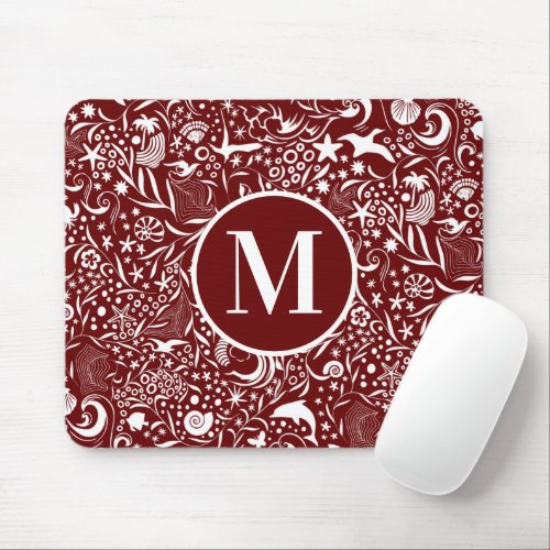 Red Monogram Initial Ocean Pattern Mouse Pad