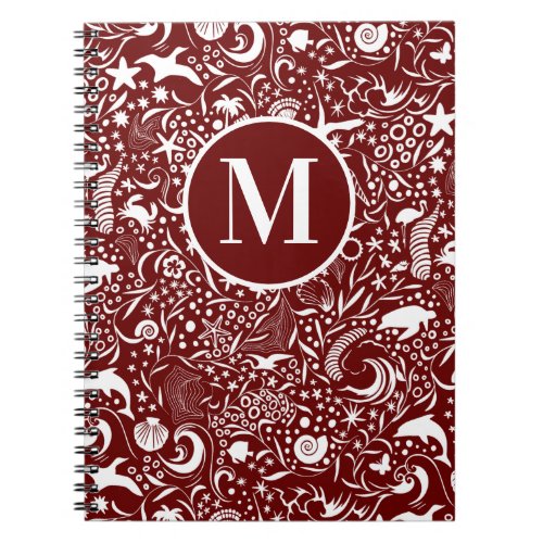 Red Monogram Initial Ocean Pattern Notebook