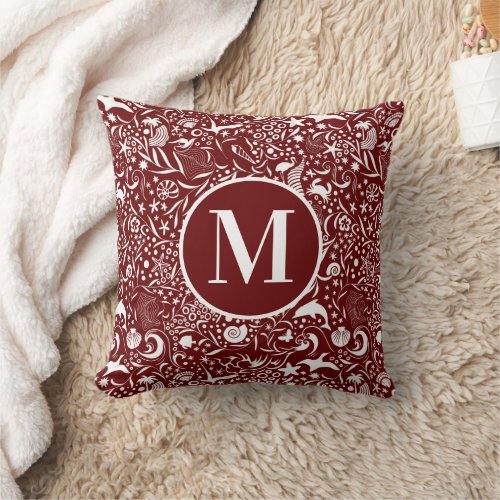 Red Monogram Initial Ocean Pattern Throw Pillow