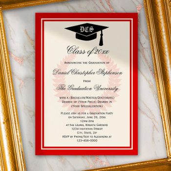 Red Monogram Laurel Classic College Graduation Invitation by CustomInvites at Zazzle