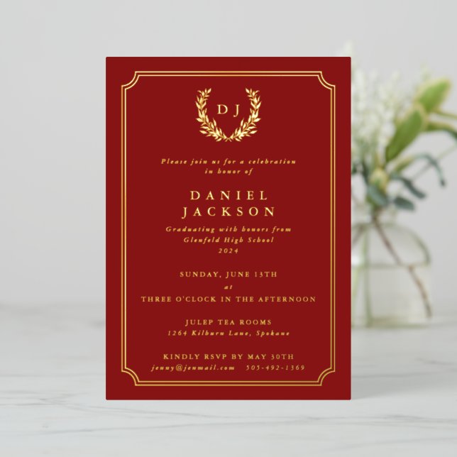 Red Monogram + Laurel Wreath Graduation Foil Invitation (Standing Front)