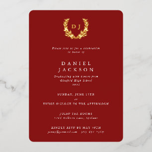 Red Monogram + Laurel Wreath Graduation Foil Invitation