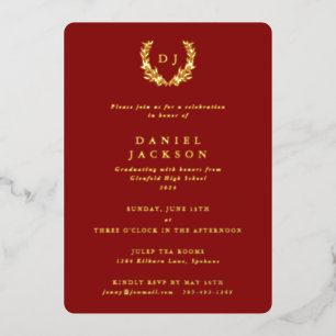 Red Monogram + Laurel Wreath Graduation Foil Invitation