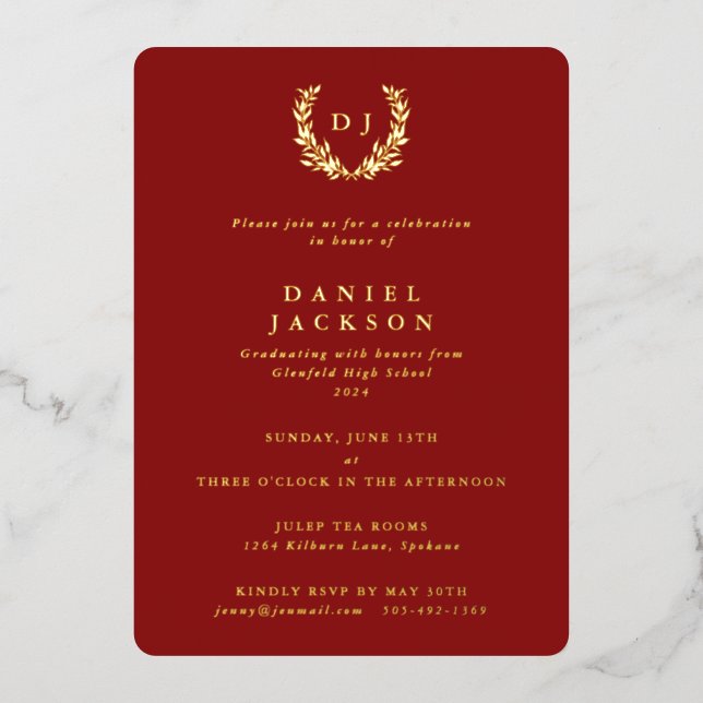 Red Monogram + Laurel Wreath Graduation Foil Invitation (Front)