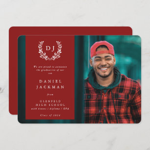 Red Monogram Laurel Wreath Graduation Photo Announcement
