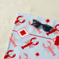 Red Monogram &amp; Lobster Sea Life Coastal Theme Beach Towel