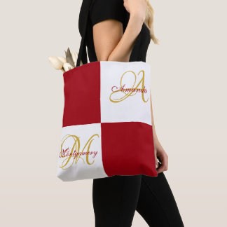 Red Monogram Modern Stylish Elegant Initial Tote B