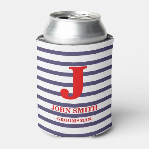 Red Monogram Navy Blue White Stripes Pattern Can Cooler