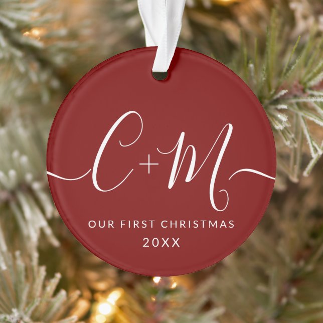 Red Monogram Our First Christmas Custom Photo Ornament (Tree)