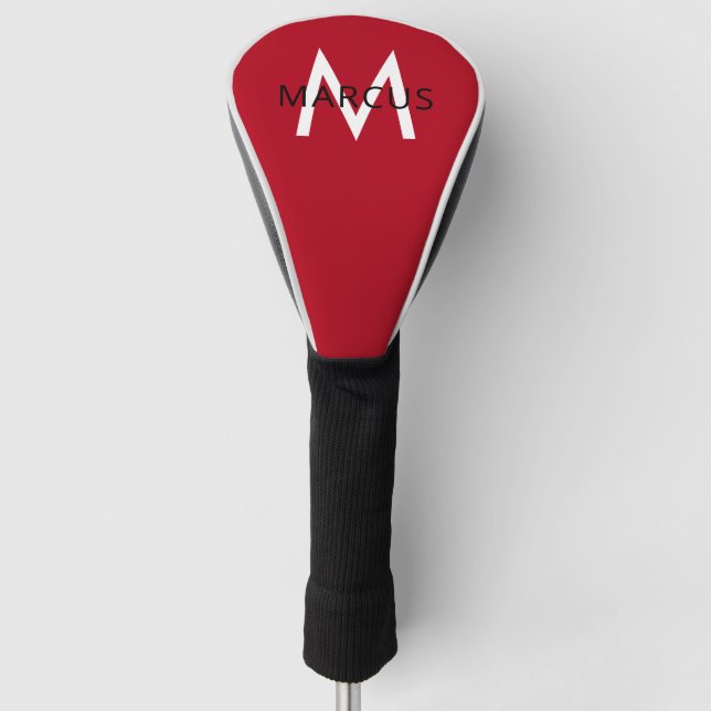 Red Monogram Personalized Modern Driver Golf Head Cover (Front)