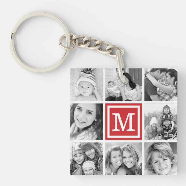 Red Monogram Photo Collage Keychain (Front)