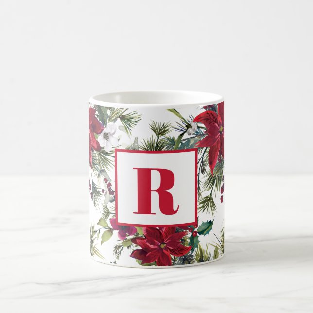 Red Monogram Poinsettia Christmas Coffee Mug (Center)