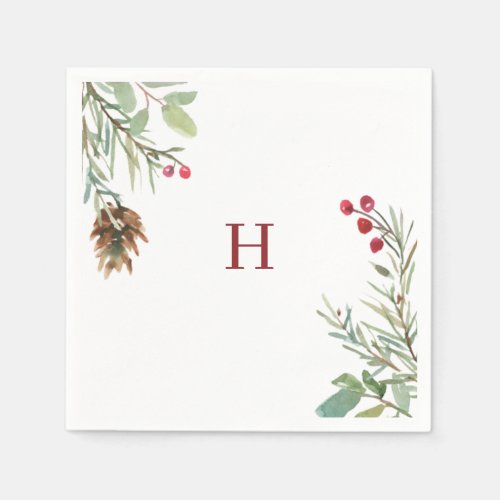 Red Monogram Watercolor Christmas Greenery Berry Napkins