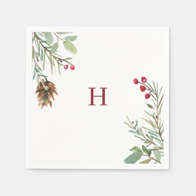 Red Monogram Watercolor Christmas Greenery Berry Napkins (Front)