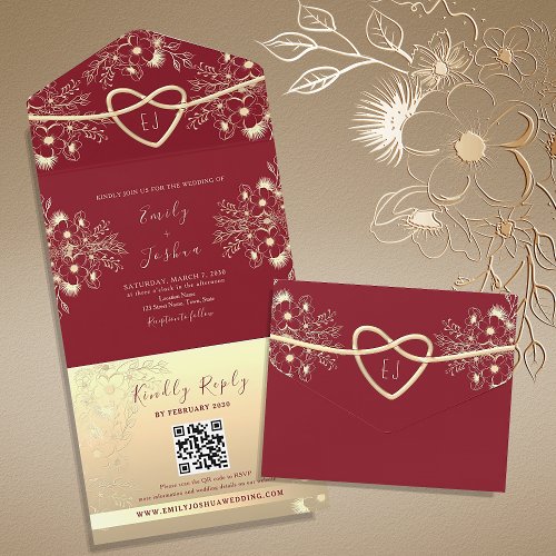 Red Monogram Wedding QR Code All In One Invitation