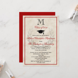 Red Monogram Wreath Classic College Graduation Invitation